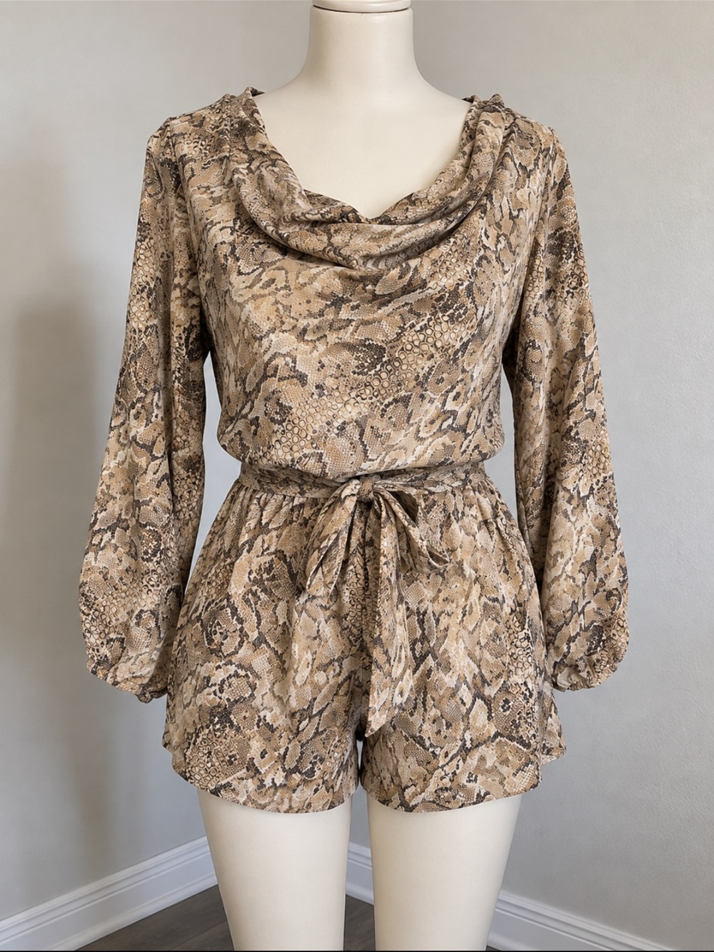 BCBGMaxAzria Beige Snake-Print Cowl-Neck Romper